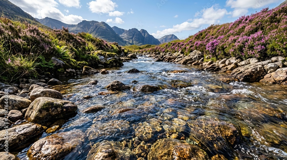 Obraz premium Serene Alpine River Flowing Through Rocky Terrain.