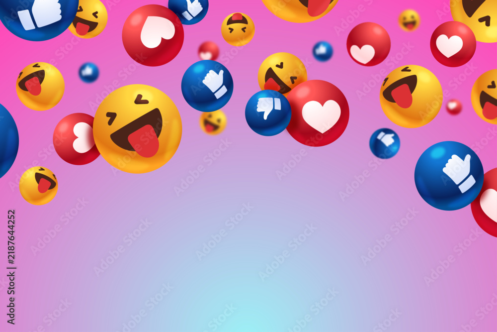 Naklejka premium Colorful 3D reaction emojis floating over a pink and blue gradient background with spacious copy space.