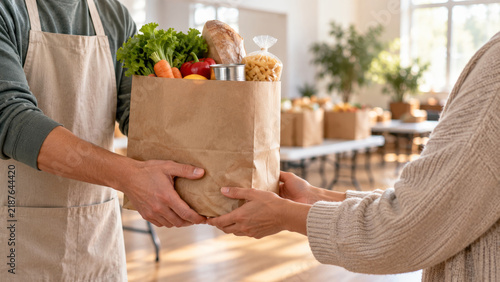 Man volunteer giving paper bag full of groceries to woman at food bank. Charity donation of fresh vegetables and bread in bright community hall.