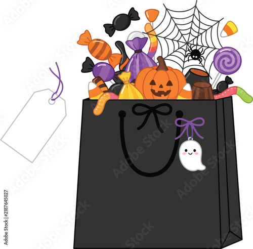 Halloween candy gift bag with pumpkin, spider web and ghost, cute cartoon vector illustration for party invitations, packaging, promotions and merchandise