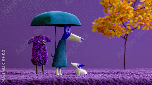 Verspielte Waldtiere in einer herbstlichen Fantasiewelt mit Regen, bunten Blättern und weicher Woll- und Filzoptik in kräftigen Violett-, Türkis- und Orangetönen.