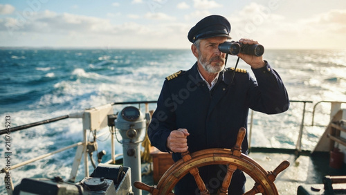 An experienced ship's captain at the helm looks through binoculars out to sea. Suitable for educational institutions; the profession of a seafarer.