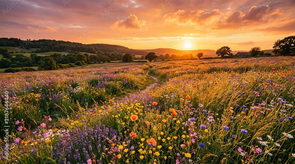 Obraz premium Golden Hour Serenity in Wildflower Meadows at Sunset.