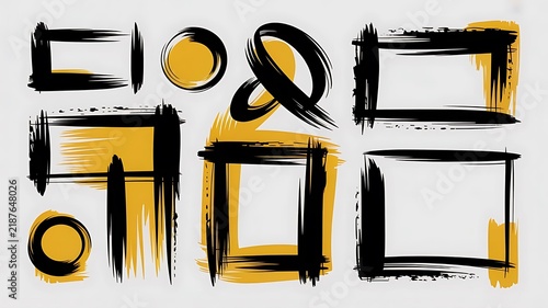 Minimalist, black-and-white characters with yellow paint, ink brush, brush strokes, brushes, lines, frames, buttons, grungy rough. grunge thick paint line texture.on white background