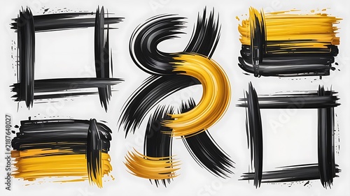 Minimalist, black-and-white characters with yellow paint, ink brush, brush strokes, brushes, lines, frames, buttons, grungy rough. grunge thick paint line texture.on white background
