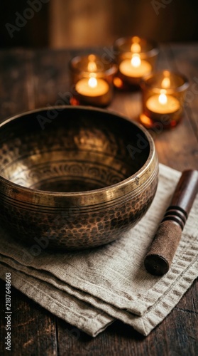 Close up of a large hand hammered bronze singing bowl resting on folded linen with a wooden mallet beside it and candles glowing softly behind, sound healing concept photography