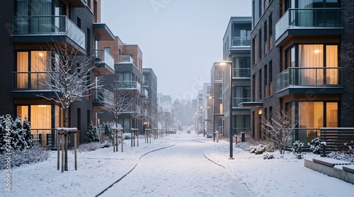 Modern City Neighborhood After First Winter Snowfall