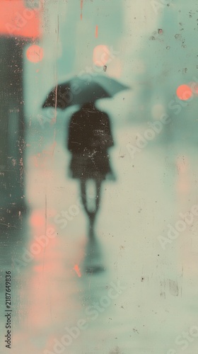 Silhouette of a person with an umbrella walking down a hazy rain streaked city street, experimental urban photography concept concept concept concept concept