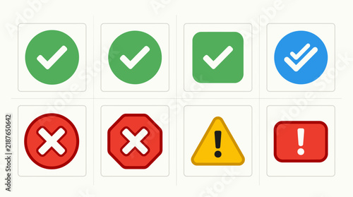 Minimalist check mark and cross icon set, 8 flat vector symbols for status validation, green tick and red x buttons for UI design