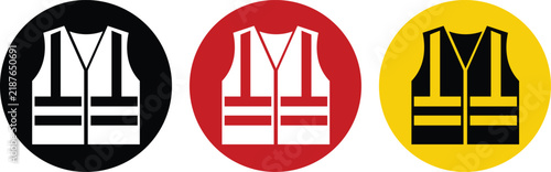 Set of flat vector icons showing high visibility safety vests for construction work and security personnel in black red and yellow circles