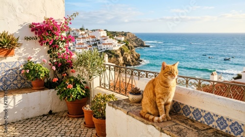 Ginger cat sitting on a sunny terrace by the sea