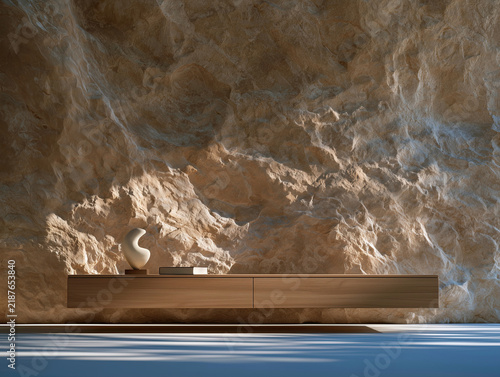 Floating wood sideboard against dramatic natural rock wall in luxury minimalist interior