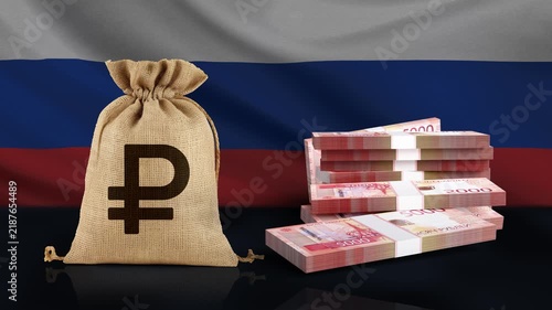 4K Motion Graphics: Russian Currency Falling over Waving National Flag