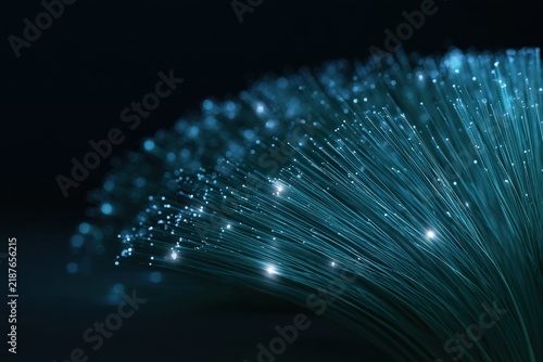 Close-up of illuminated fiber optic strands with glowing light points