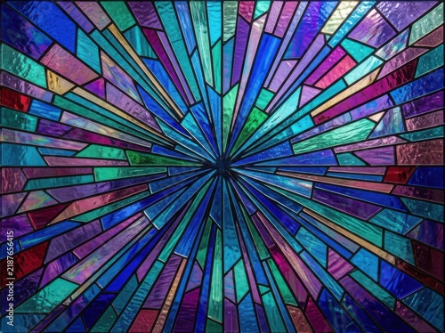 Stained glass sunburst pattern with radiant geometric segments in vibrant blue and purple hues