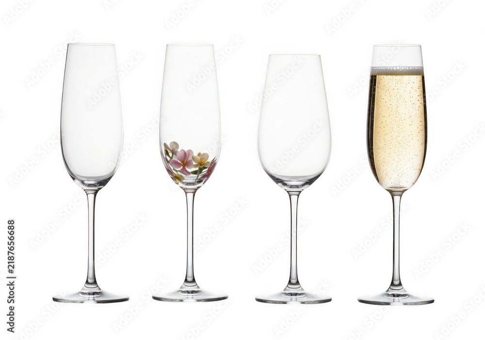 Fototapeta premium Four champagne glasses with drink and colorful candies isolated on transparent background
