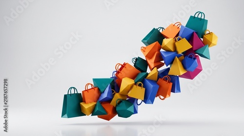 A Vibrant Cascade of Shopping Bags: An overflowing assortment of colorful shopping bags, in various shapes and sizes, tumbles in a dynamic, cascading arrangement.