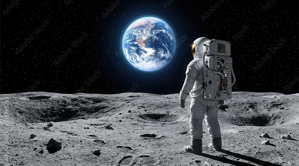 Naklejka premium An astronaut stands on the moon's surface, looking at Earth above in the black, starry sky
