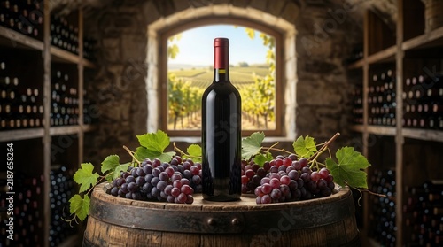 Red wine bottle and fresh grapes on wooden barrel in rustic cellar.