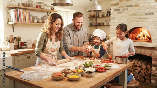 A happy family makes pizza together in a bright, rustic-style kitchen. A family tradition.