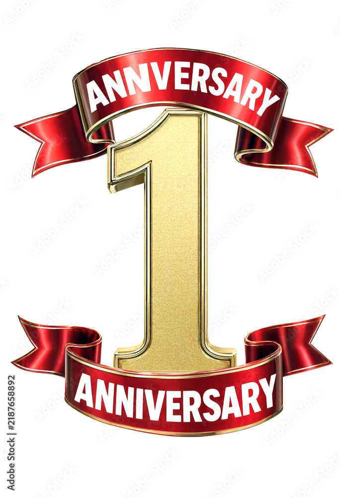 Naklejka premium Golden number one with red anniversary banners for celebration event design template