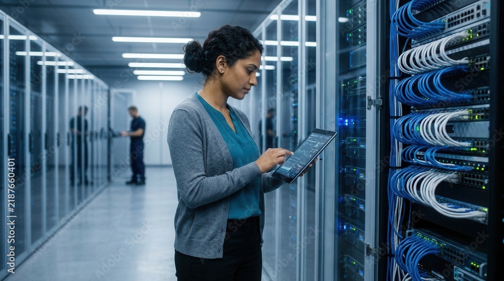 Fototapeta premium Professional Indian female IT engineer using digital tablet to monitor server racks in modern cloud data center