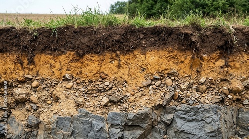 Distinct geological layers in a soil profile from topsoil to bedrock