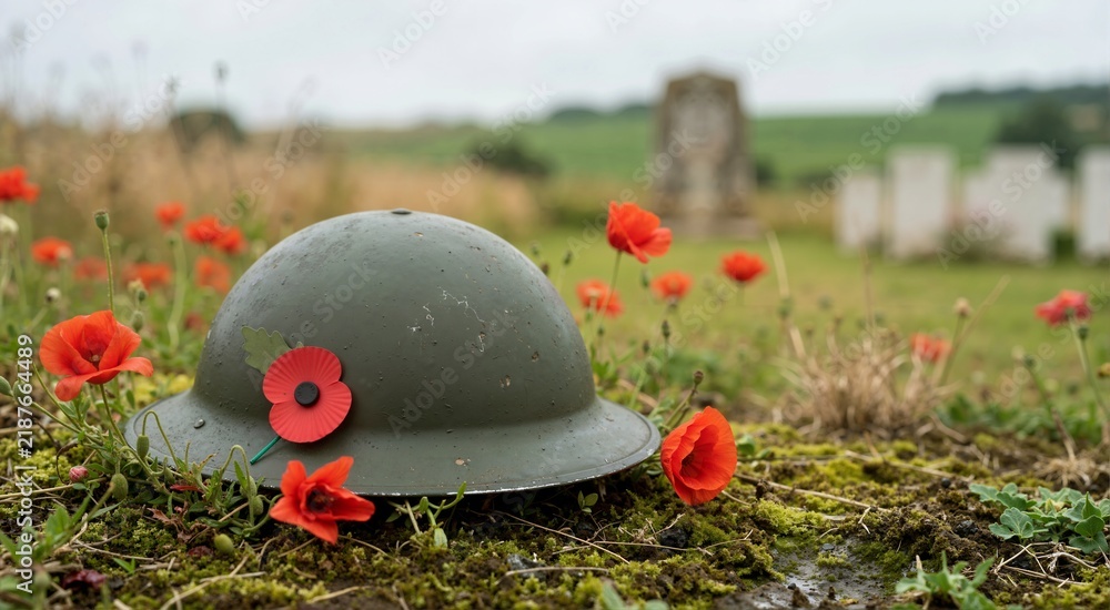 Obraz premium Soldier helmet with poppies. Veterans Day Remembrance Day theme