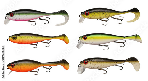 Six colorful fishing lures with realistic baitfish profiles in studio lighting isolated on transparent background