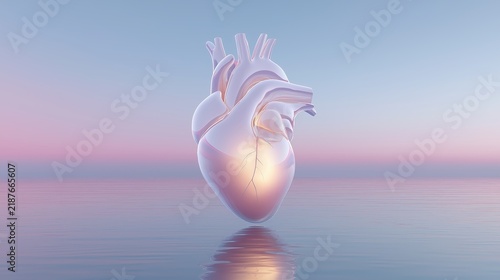Soft white glass human heart with a warm inner glow floating in a pastel environment, symbolizing empathy, trust, compassionate healthcare, and human-centered AI.