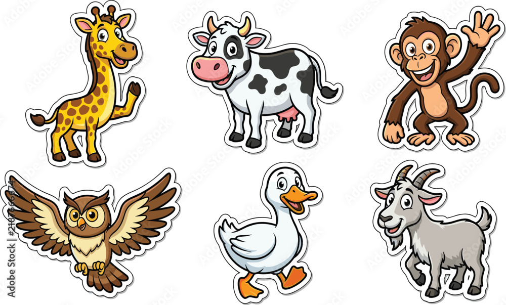 Obraz premium PCute Cartoon Animal Sticker Set featuring Happy Giraffe Cow Monkey Owl Duck and Goat Characters with White Outlines for Kids Craft and Stationery Design
