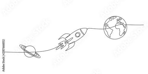 Fotografía Continuous line drawing of a spaceship flying past earth and saturn in space