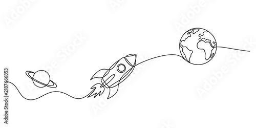 Fotografie Continuous line drawing of a spaceship flying past earth and saturn in space