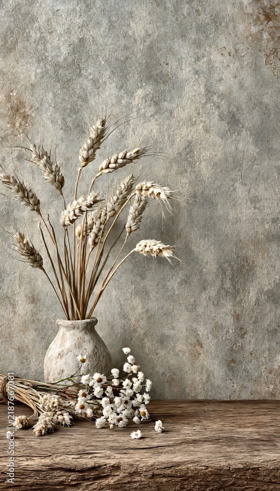 Obraz premium Minimalist Rustic Still Life Featuring Wheat Bundles In A Ceramic Vase On A Weathered Wood Table