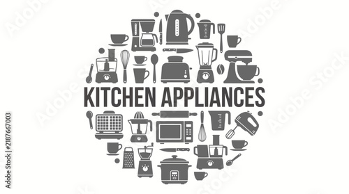 Circular collage of kitchen appliances and gadgets with the label Kitchen Appliances, showcasing modern home kitchens, cooking gear, and appliance collection