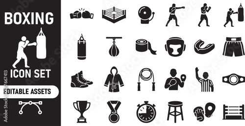Boxing sport equipment and athlete action black icons set