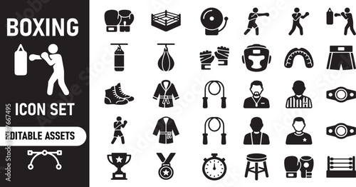 Boxing sport equipment and athlete action black icons set