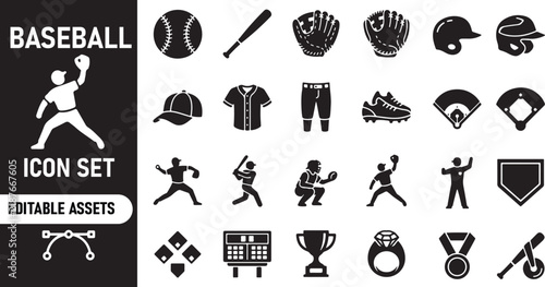 Baseball sport icon set with equipment and player silhouettes