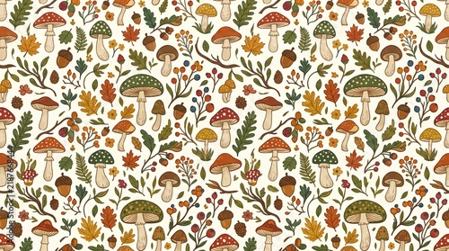 Woodland Mushrooms and Acorns Seamless Repeating Pattern