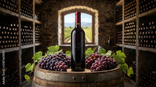 Rustic cellar featuring a red wine bottle and fresh grapes atop a wooden barrel.