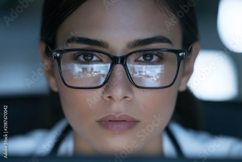 Intense female doctor wearing glasses with hospital reflection indoors