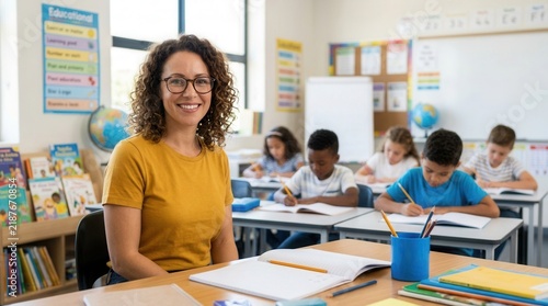 Education and tutoring concept featuring a portrait of a friendly female teacher with glasses in a bright elementary classroom.