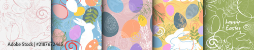 Easter holiday greeting seamless pattern typography. Linear design with Bunny rabbit, Easter eggs, spring plants. Set Template for advertising, web, social media