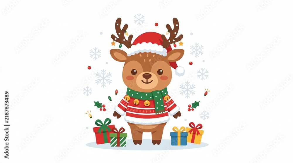 Fototapeta premium Adorable cartoon reindeer in festive holiday sweater with presents and snowflakes.