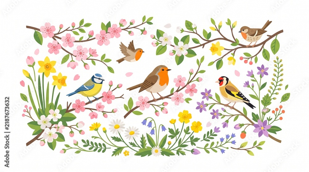 Fototapeta premium Whimsical watercolor birds perched among blooming flowers in vibrant garden border art.