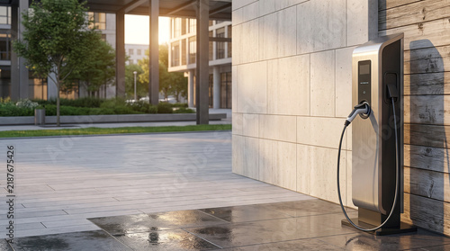Modern electric vehicle charging station featuring sleek stainless steel design mounted on textured stone wall under warm golden hour sunlight