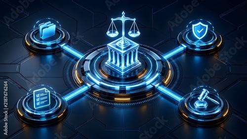 Futuristic digital courthouse and scale of justice connected to legal icons representing cyber law ecosystem and technology compliance