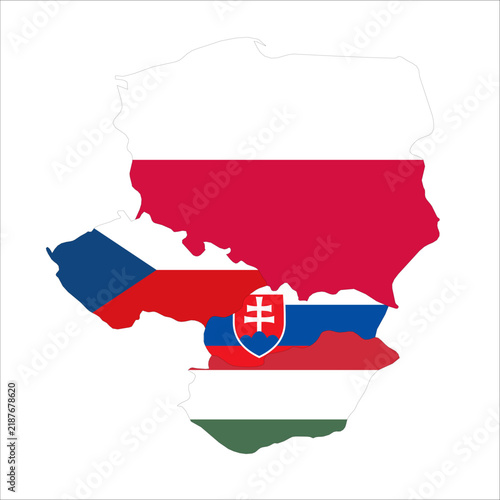 Flag map outline shape of Visegrad 4 Countries - Czechia, Slovakia, Poland and Hungary. Flags of countries fill the shapes with their colors. Symbol of regional cooperation, identity and partnership