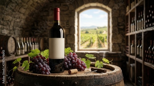 Traditional winemaking and viticulture concept with red wine bottle and grapes on a wooden barrel.