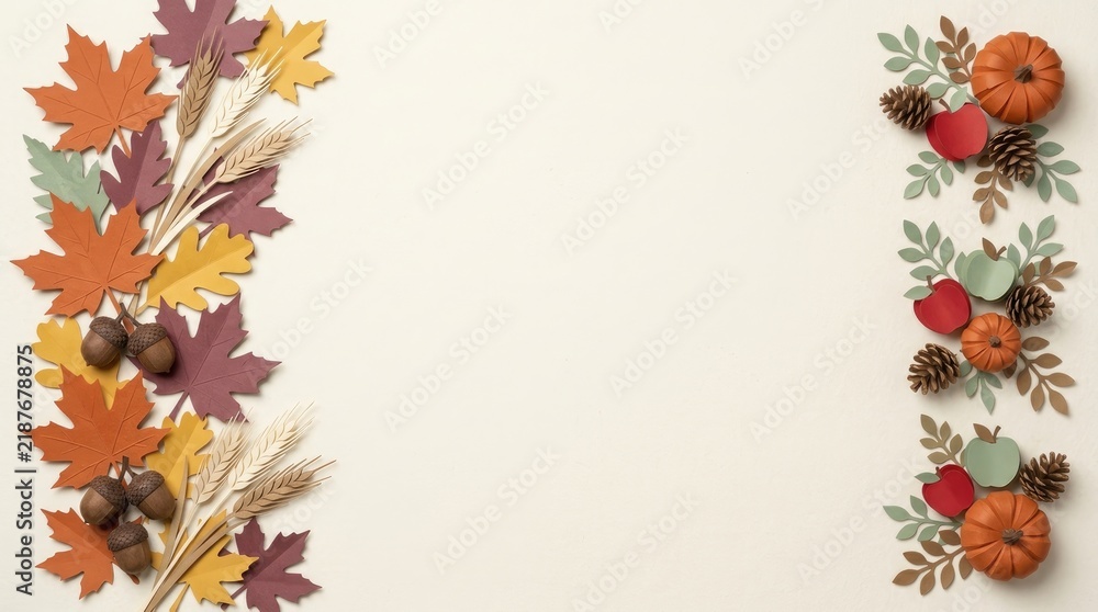Fototapeta premium Beautiful thanksgiving autumn mix elements border featuring colorful fall leaves and decorative pumpkins on a white background